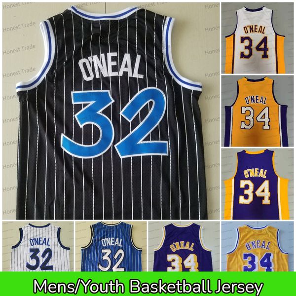 

vintage 34 shaquille oneal 32 basketball jersey shaq neal yellow purple black stripe stitched jerseys breathable fans gifts men kids, Black;red