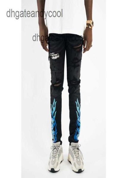 

hole 2023 amirs jeans designer jean mens pant 23 highend european fashion brand black cashew blossom patch flame slim fit jeans me9200079, Blue