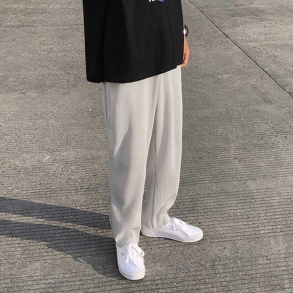 

men's pants pleated straight pants men's fashion elastic waist casual pants men streetwear loose ice silk trousers mens wide leg p, Black
