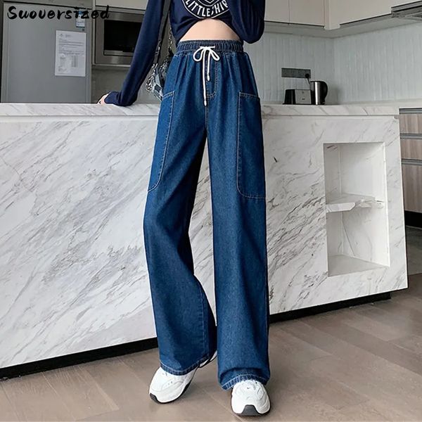 

women's jeans oversize 6xl big pockets baggy jean wide leg pants elastic high waist denim trouser casual vaqueros korean pantalones 230, Blue