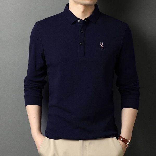 

men's polos men's long-sleeved lapel spring summer bottom shirt embroidered thin pure cotton polo shirt large comfortable leisure, White;black