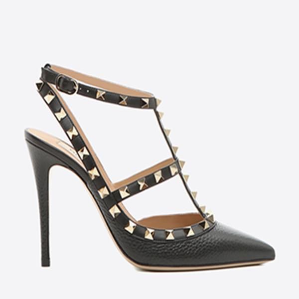 

brand women wedding shoes high heel rivets sandals thin heel pointed toes 10cm super high women sandal 44, Black