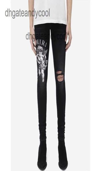

brand 2023 amirs washing jeans street designer jean mens tide pant ch black high little angel print hole elastic slim fit little fo8961375, Blue