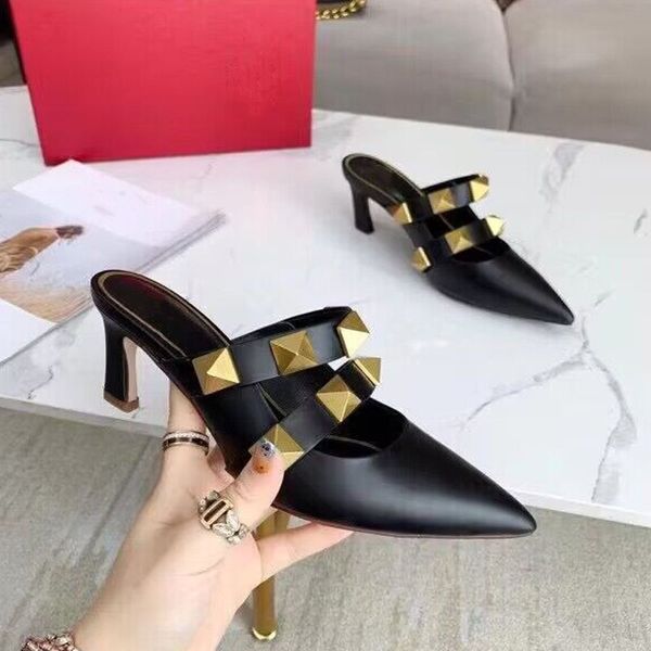 

summer studded pointed high heel sandals girls fashion closed slippers comfortable leather princess shoes, Black