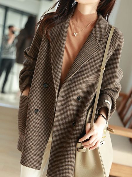 

women's wool blends winter coat for women fashion korean loose pockets plaid wool thick warm single breasted long female jackets 230308, Black