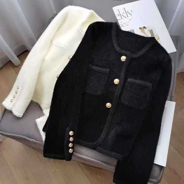 

women's knits tees spring gentle soft glutinous sweater coat for winter classic style gold buckle white mink fur knitted cardigan 23030
