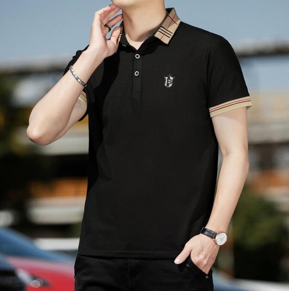 

burbrerys new polo shirts men business slim short sleeve plaid lapel patchwork t-shirt male brand clothing letter embroidery vintage casual, White;black