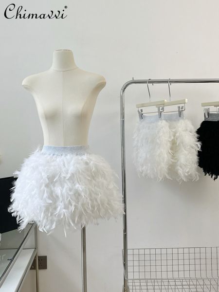 

skirts 2023 spring summer fashion feather short a line women elastic waist white allmatch tutu female student mini 230308, Black