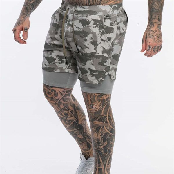 

men's shorts summer fitness workout camouflage double layer 2 in 1 jogger gym bodybuilding fashion sports pants 230307, White;black