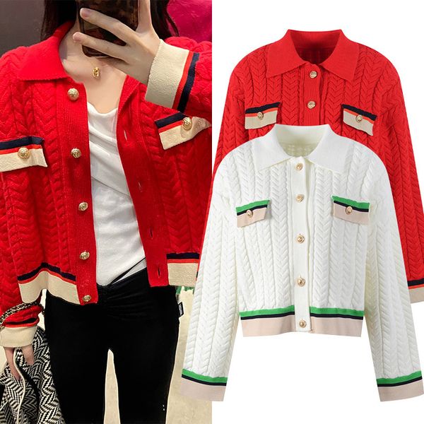 

men's hoodies sweatshirts sweater jacket for women knitted cardigan short single breasted gold button lapel contrast color loose sweet, Black
