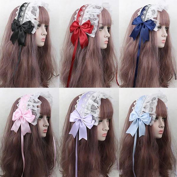 

headband sweet embroidery lace ribbon bow hairband japanese cosplay hair ornaments accessories headwrap headdress, Silver