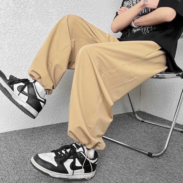 

men's pants japan style retro solid color drawstring man pants joggers allmatch wide leg pants harajuku cargo pants streetwear wide pan, Black