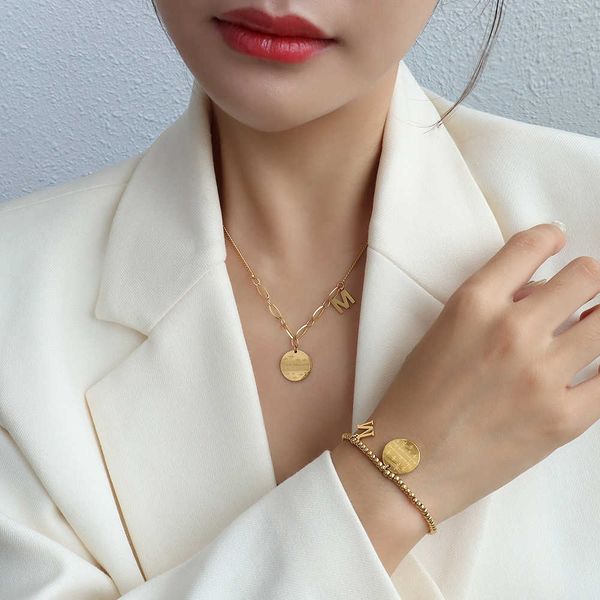 

pendant necklaces fashion m letter collarbone necklace gold color round pendant necklace jewelry set luxury design titanium steel choker gif, Silver