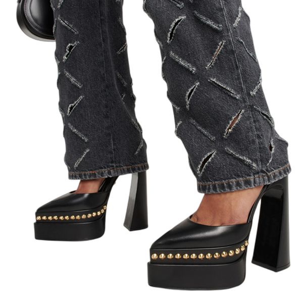 

womens spring summer stud satin platform pump shoes sandals high block heel pointy toe double chunky platform ankle strap, Black