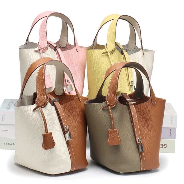 

h bag designer original new leather layer lychee grain cowhide color matching vegetable basket women's bag fashion hand bucket bag 4eh9