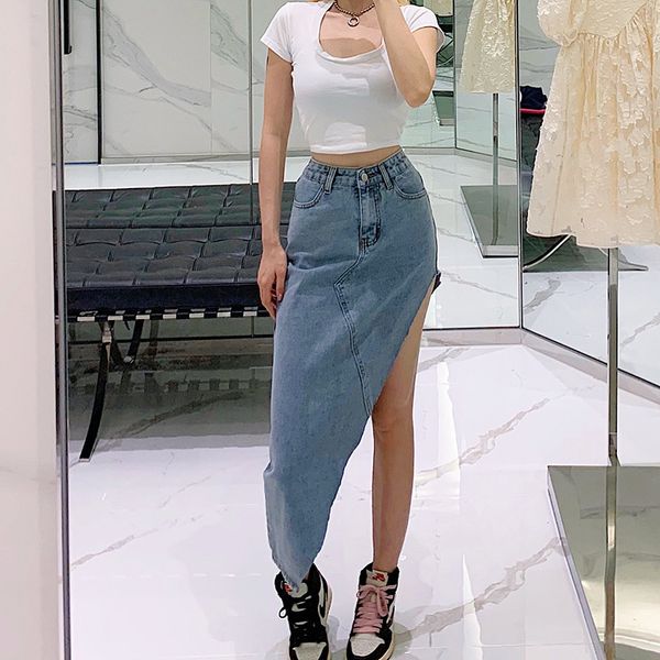 

skirts hip hop asymmetrical skirt high waist split side design wrap long punk casual ligh blue denim solid color jean women s skater 230307, Black