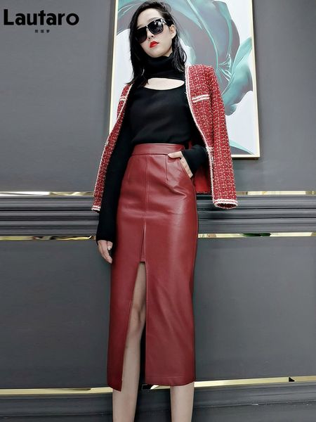 

skirts lautaro long soft faux leather pencil skirt women with front slit pockets high waisted midi skirts for women wine red skirt 230308, Black