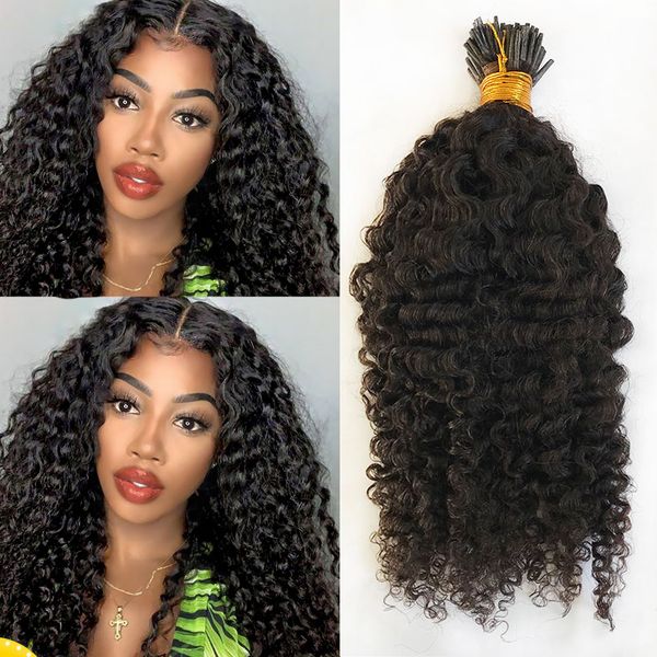 

bouncy curly i tip hair extensions 100 strands brazilian remy curly i nail tips in hair 8-30inch microlinks for women, Black