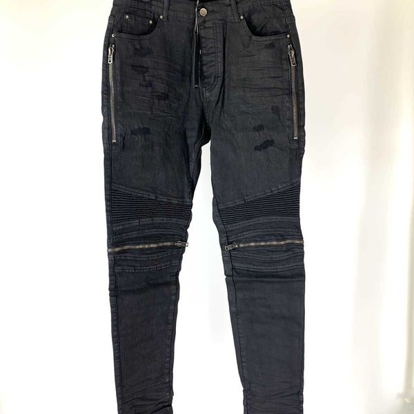 

jeans men pants ammir pure black zipper leather collage brush wax denim long men's fashion brand designer niche ins celebrity casual le, Blue