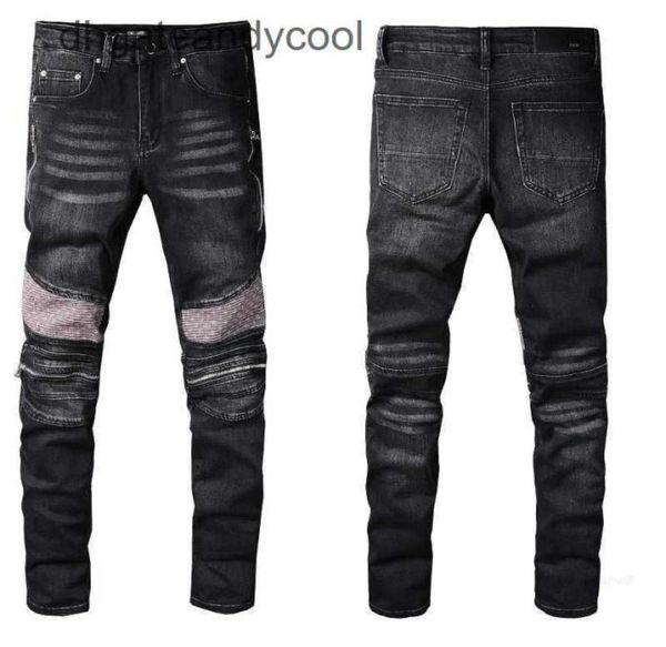 

denim amirsy jeans designer pants man fall high street new men039s black broken embroidery patch elastic slim leggings motorcyc3393121, Blue
