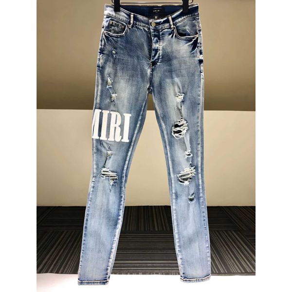 

jeans men pants ammir high street cutting dirty damage wrinkles water lines holes fashion designer brand niche ins celebrity casual leisure, Blue
