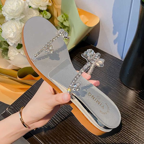 

sandals new women's summer bohemian diamond flat sandals women's beach shiny rhinester shoes one line with belt flip-flops comfort, Black