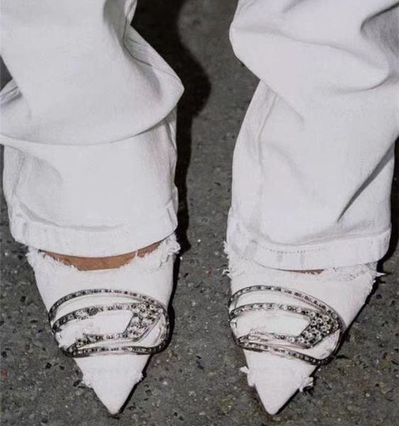 

designer high heels denim blue sandals kitten heel slingbacks pointy toe formal dress shoes women metal decor runway party shoes, Black