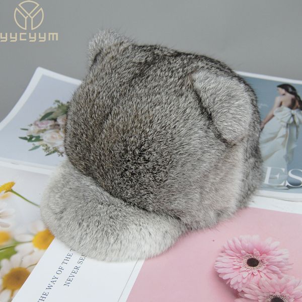 

ball caps rabbit fur hats for women winter warm solid genuine luxury fur cap female fur hat with tail cute girls cat hats 230308, Blue;gray