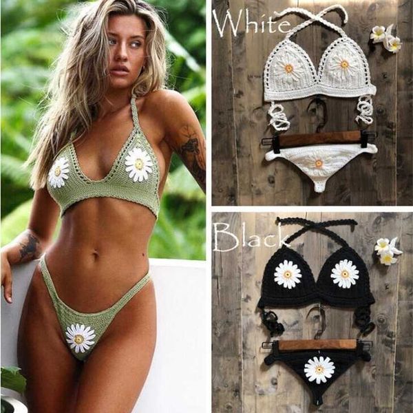 

2023 pure hand knitted hollow women's bikini split swimsuit set, White;black