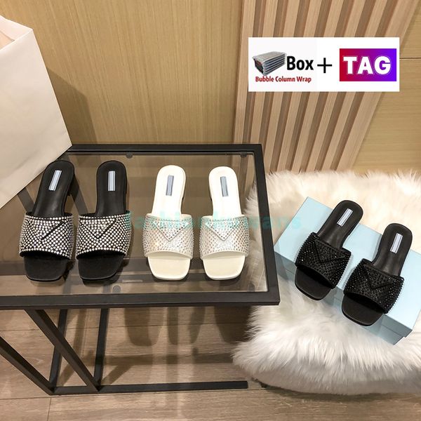 

with box slippers fashion womens crystals square toe satin slide sandals summer outdoor shoes luxury moccasins size 35-40, Black