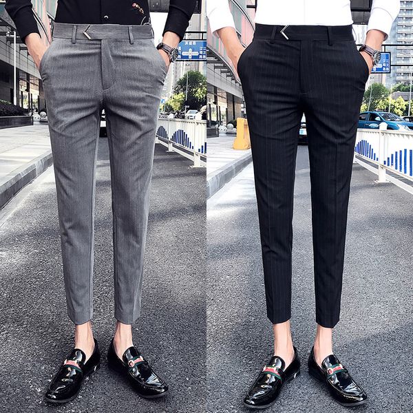 

men's pants brand clothing slim fit pure cotton stripe suit male business trousers cropped 230307, Black
