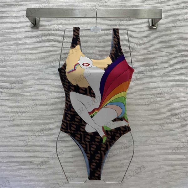 

women swimwear contrasting color pattern double f print u-neck backless one-piece swimsuit chest pad design high elastic tights swimsuit wo, White;black