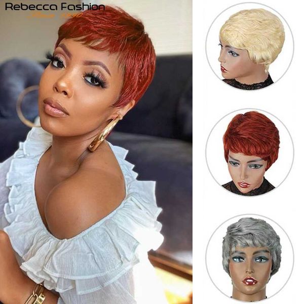 

synthetic wigs rebecca short cute pixie cut wigs straight hair peruvian remy human for women full black red grey dhl fast shipping 230227