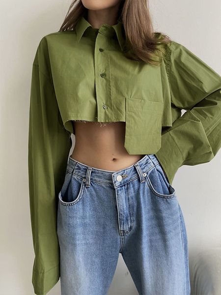 

women's blouses shirts spring autumn women long sleeve solid green crop shirt ladies short blouse for woman female 230308, White