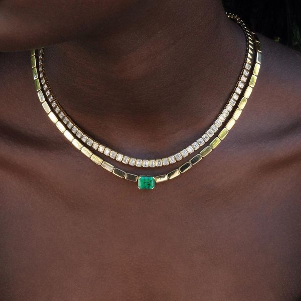 

pendant necklaces geometric green square cubic zirconia cz rectangle beaded link chain 16 inches simple gold color necklace 230307, Silver