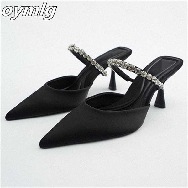 

sandal black high heeled shoes women's 2023 spring new stiletto pointed toe pumps satin rhinestone glitter mules 230302