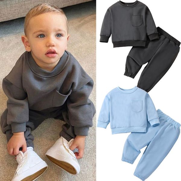 

clothing sets 1-4 years kids boys spring fall clothes set solid color long sleeve sweatshirt and elastic casual pants outfit for kids boy 2, White
