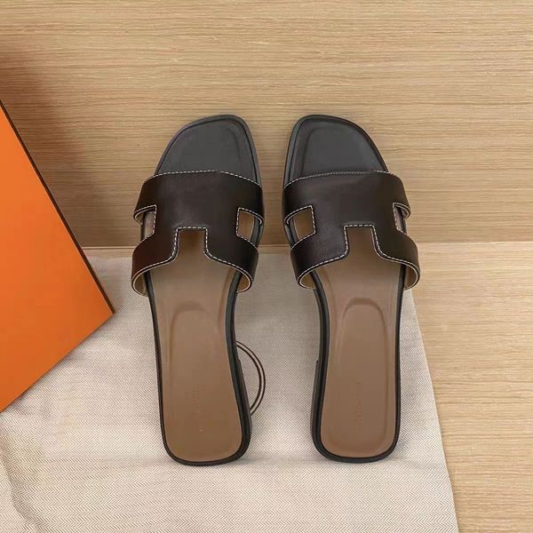 

real leather h slippers flat beach designer sandals 2023 women summer classic brand beach casual slipper size 35-42 with dust bag, Black