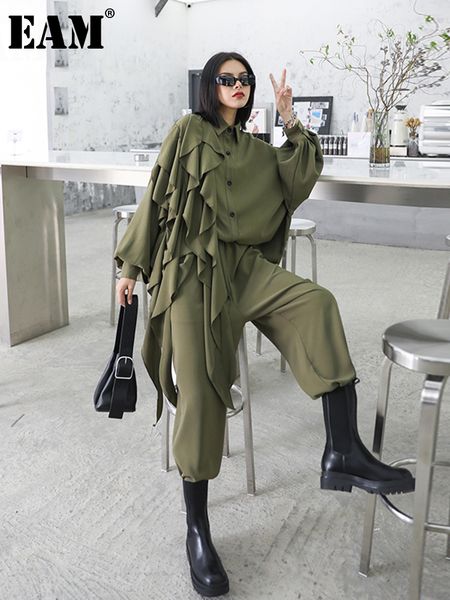 

women s two piece pants eam wide leg ruffles big size suit lapel long sleeve black loose women fashion spring autumn 2023 1z84706 230307, White