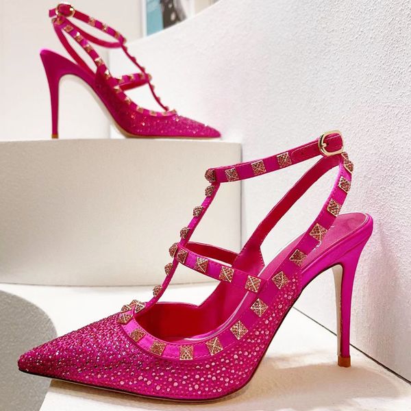 

crystal-encrusted stiletto dress shoes for womens luxurys designers formal shoes cleo crystal sandals nail buckled strap 10cm high heeled pa, Black