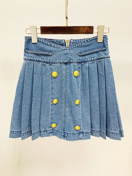 

high-waist pleated lion button denim skirt, Black