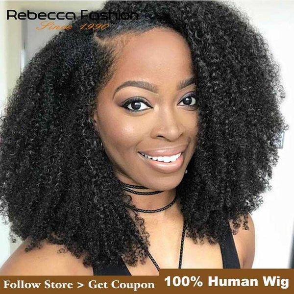 

synthetic wigs rebecca lace front short bob wigs afro kinky curly human hair pre plucked bleached knots remy brazilian wig y1b# 230227, Black