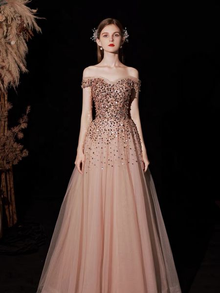 

shiny champagne gold evening dresses boat neck sequined a-line off shoulder long glitter formal guests party prom gown plus size, Black;red