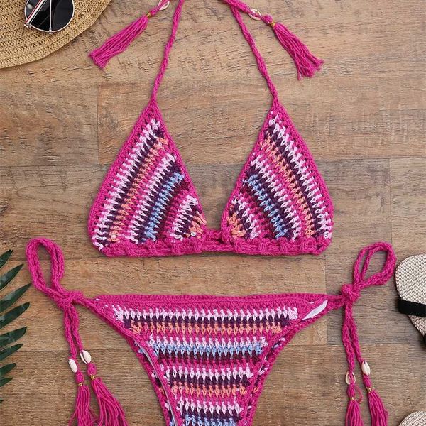 

hand-knitted bikini striped acrylic without steel bra split swimsuit for women, White;black