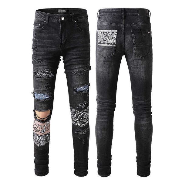 

desinger brand tshirts mairi trend high street patch jeans pattern elastic fit pants, Blue