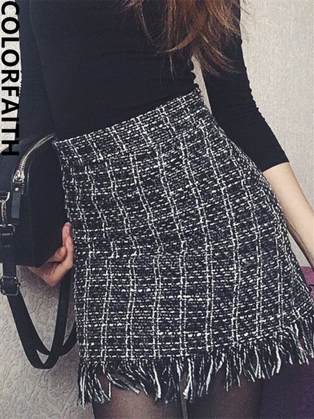 

skirts colorfaith vintage plaid tassel korean fashion tweed skater checkered spring summer women woolen mini skirt sk5583 230308, Black