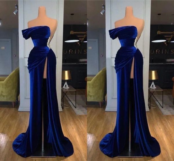 

2023 royal blue velvet prom dresses mermaid high split beaded sleeveless pleats custom made evening gown formal occasion wear vestidos plus, Black