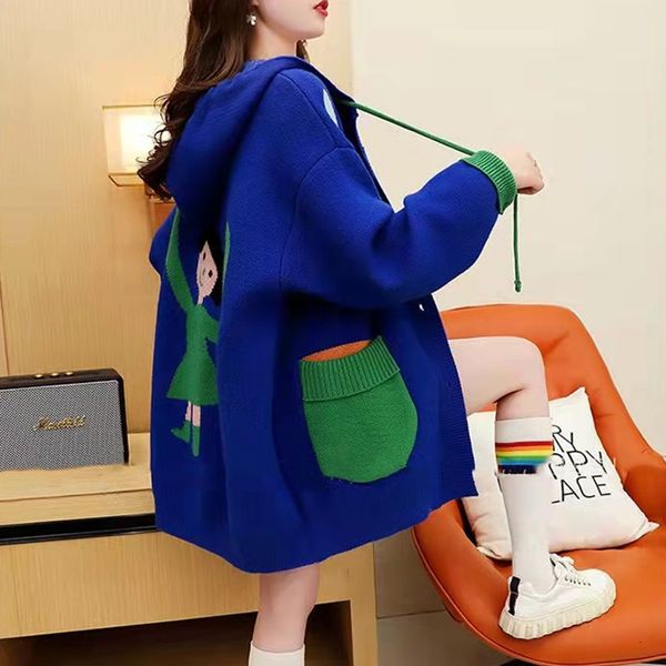 

women's knits tees fashion spring autumn hooded oversized sweater female cardigan cute cartoon print knit jacket women loose coat 23030, White