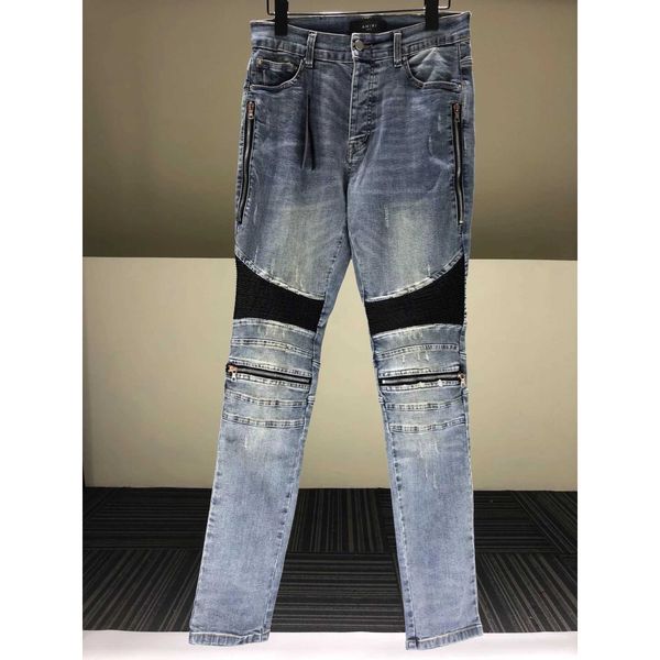 

jeans men pants ammir fog high street zipper leather motorcycle blue worn fashion designer brand niche ins celebrity casual leisure
