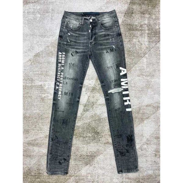 

jeans men pants ammir original graffiti letter coconut tree wash water damage fashion designer brand niche ins celebrity casual leisure, Blue